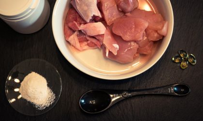 Ingrédients d'une recette de BARF posés sur une table