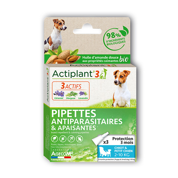 ActiPlant'3 Insectifuge Antiparasitaire pour Chien BIO - (2-10 kg) 3 pipettes 