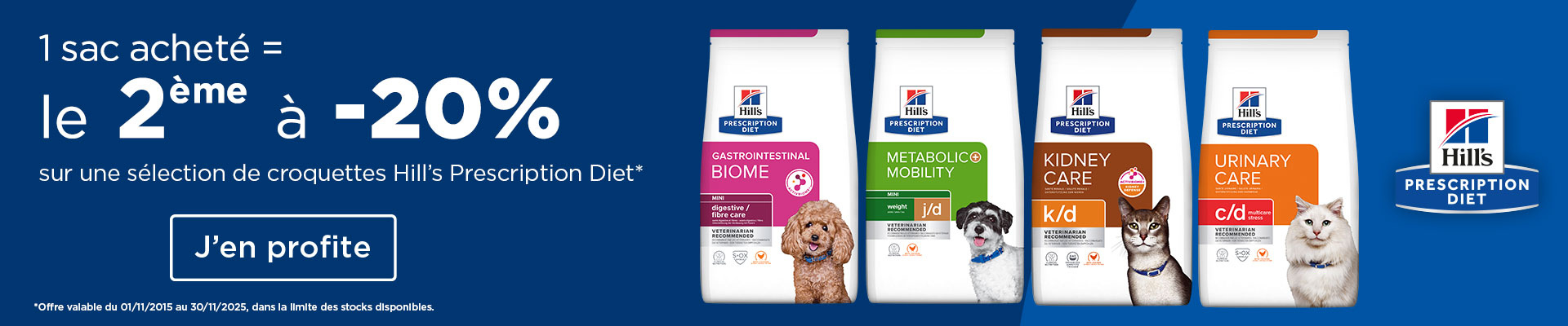 Bannière promotions Hill's Prescription Diet 20% sur le deuxième sac