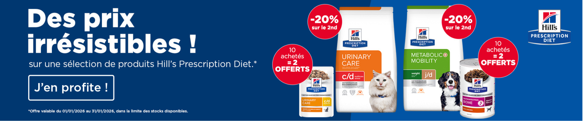 Bannière promotions Hill's Prescription Diet 20% sur le deuxième sac