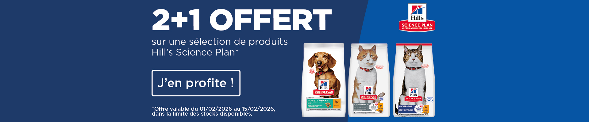 Bannière promotions Hill's Science Plan 2 + 1 offert