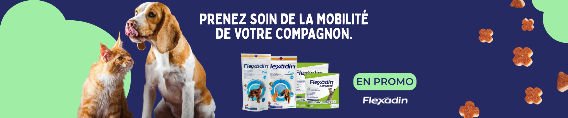 Bannière promotions sur Flexadin Plus et Advanced chat et chien