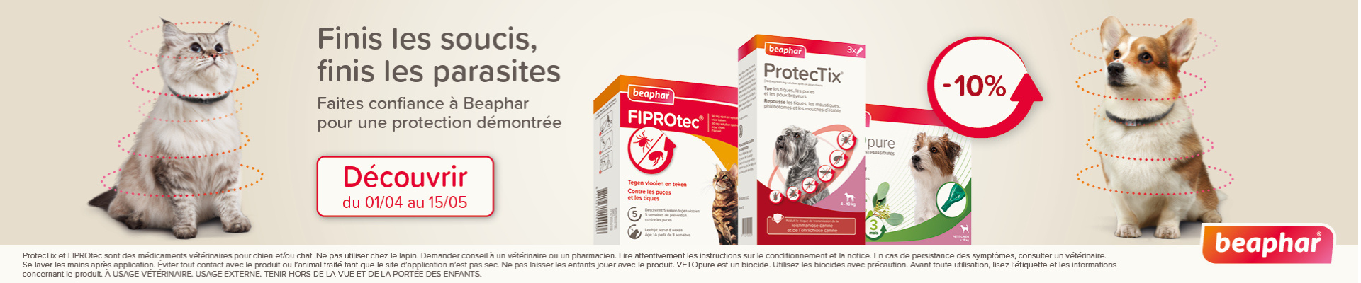 Bannière promotions Beaphar antiparasitaire -10% jusqu'au 15 mai