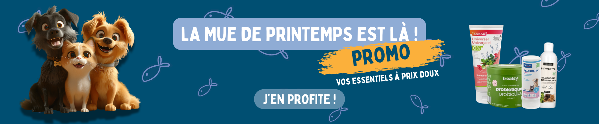 Bannière promotions pour la mue chez les chats et les chiens