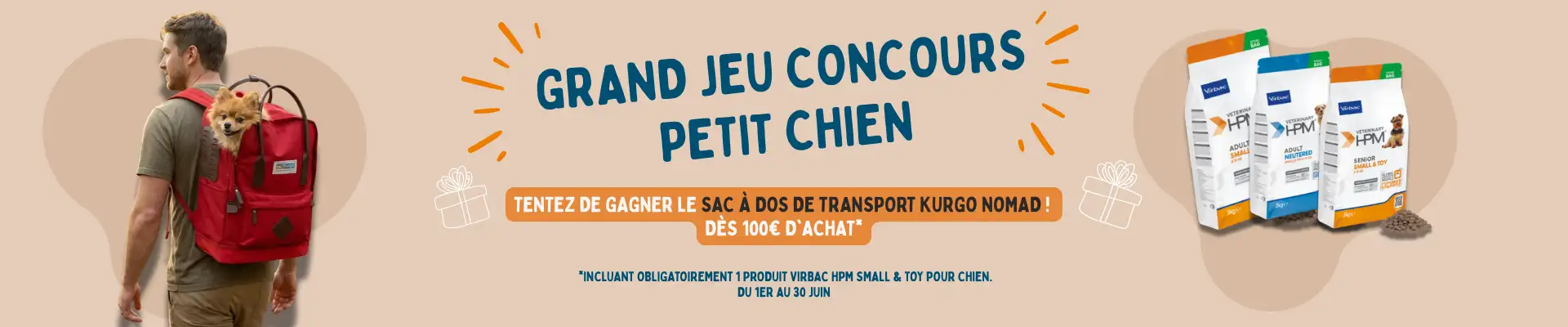 Bannière présentation jeu concours : sac KURGO à gagner pour l'achat HPM small & toy
