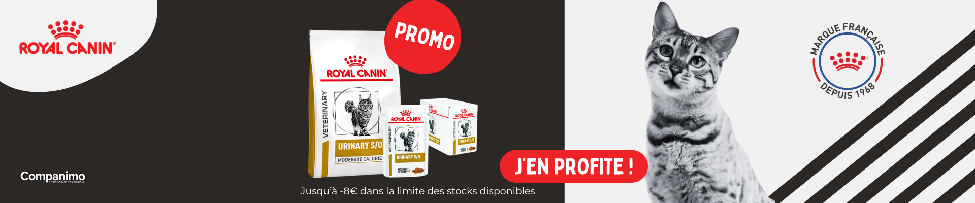 Bannière promotions Royal Canin Urinary chat. Jusqu'à - 8 euros des réduction !